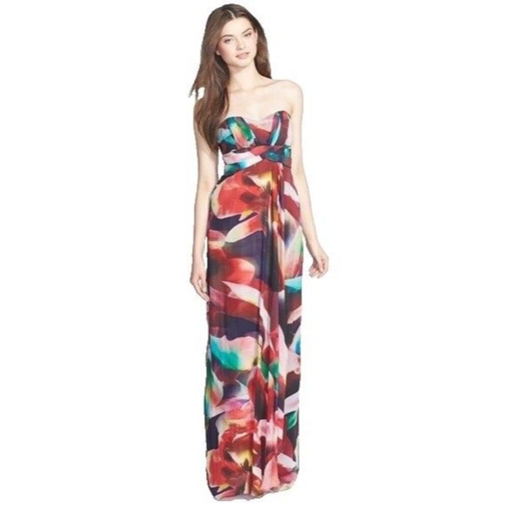 NICOLE MILLER Petal Power Floral Chiffon Strapless Empire Gown 0 $565 - Picture 3 of 12